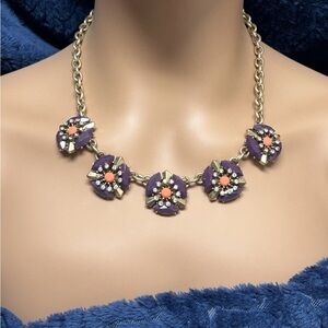 J. Crew Gold, Purple & Peach w/ Star Burst Rhinestones Geometric  Bib Necklace